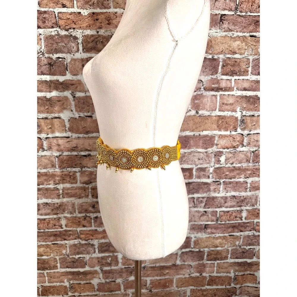 Gold Beaded Rhinestone Scalloped Elastic Waist Belt Ethnic Kamarband Statement
